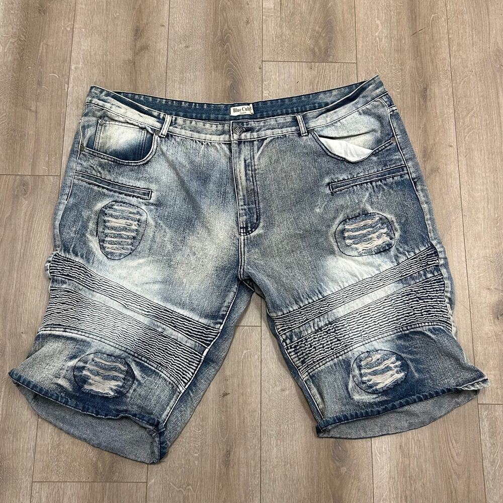 Blue Cult Distressed Biker ribbed Denim Shorts Size 50 B11